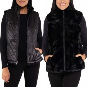 Nicole Miller Women's Plus Reversible Cozy Quilted Faux Fur Insulated Puffer Ves
